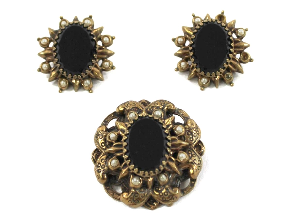 Vintage Brass Koi Fish Earrings & Brooch Set with Pearls - Pre-Owned