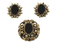 Vintage Brass Koi Fish Earrings & Brooch Set with Pearls - Pre-Owned