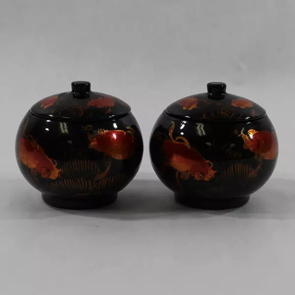 Lot of 2 Hand Painted Oriental Round Trinket Boxes with Goldfish Design