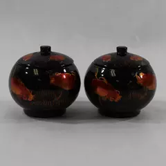 Lot of 2 Hand Painted Oriental Round Trinket Boxes with Goldfish Design