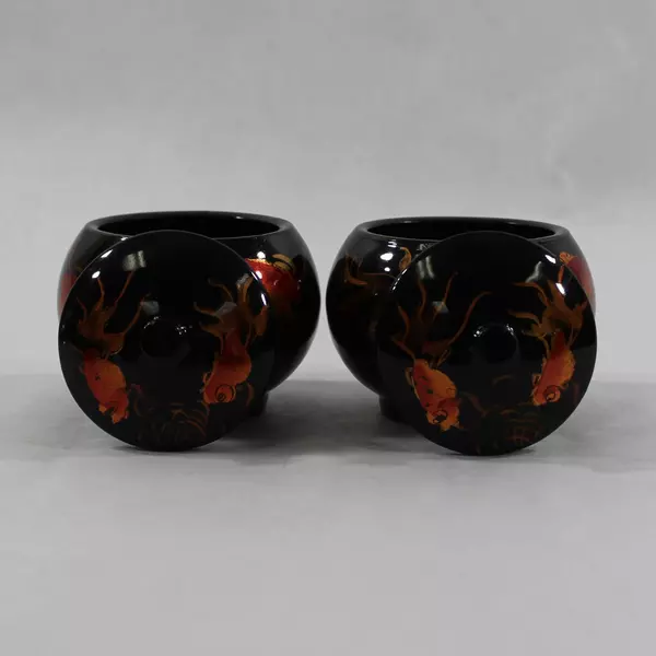 Lot of 2 Hand Painted Oriental Round Trinket Boxes with Goldfish Design