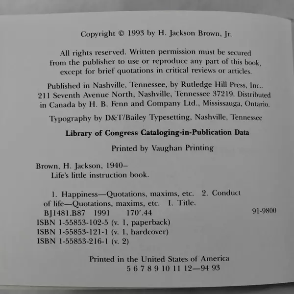 Life's Little Instruction Book Vol II by H. Jackson Brown Jr. Paperback