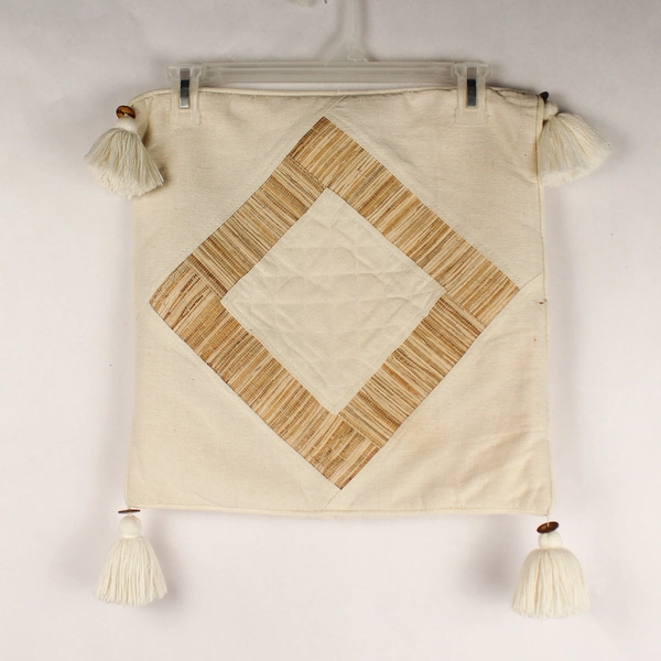 Beige Cream Accent Throw Pillow Cover with Tassels & Button Closure - Pre-owned