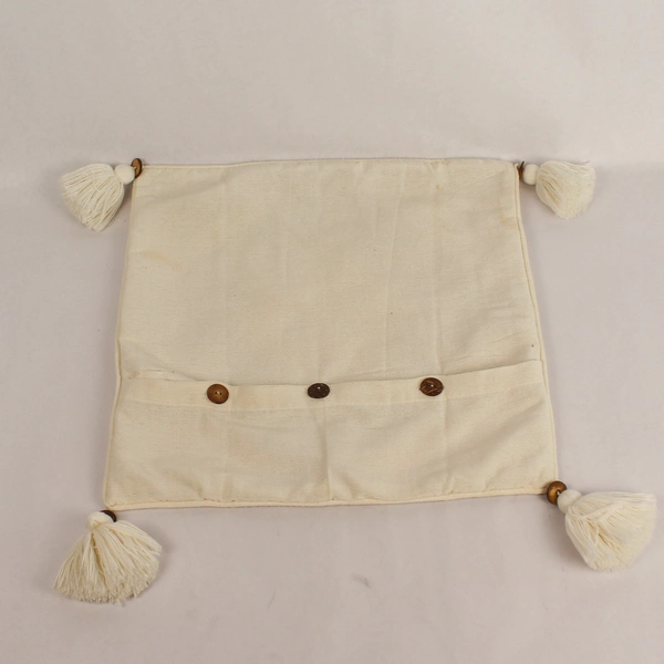 Beige Cream Accent Throw Pillow Cover with Tassels & Button Closure - Pre-owned