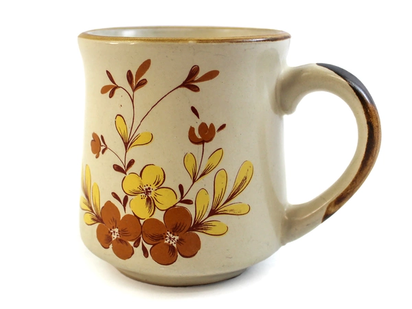 Vintage CasualStone Floral Ceramic Coffee Tea Mug Brown Yellow Retro 3.5"