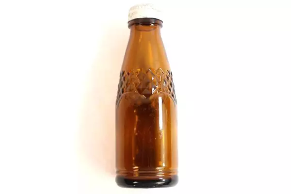 Vintage Amber Glass Mini Soda Bottle with Aluminum Lid - Collectible 5.5"