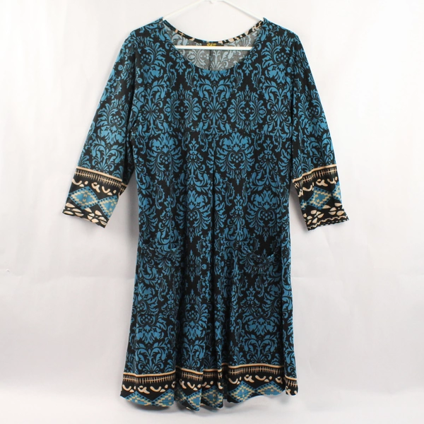 R&B Collection Women's Dress Size L Blue Black Beige Damask 3/4 Sleeves