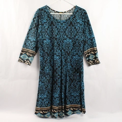 R&B Collection Women's Dress Size L Blue Black Beige Damask 3/4 Sleeves
