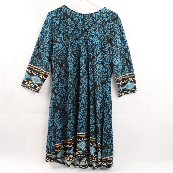 R&B Collection Women's Dress Size L Blue Black Beige Damask 3/4 Sleeves