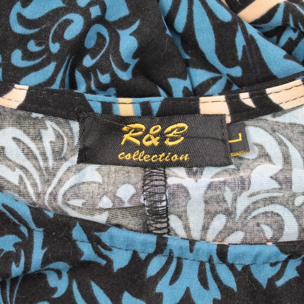 R&B Collection Women's Dress Size L Blue Black Beige Damask 3/4 Sleeves