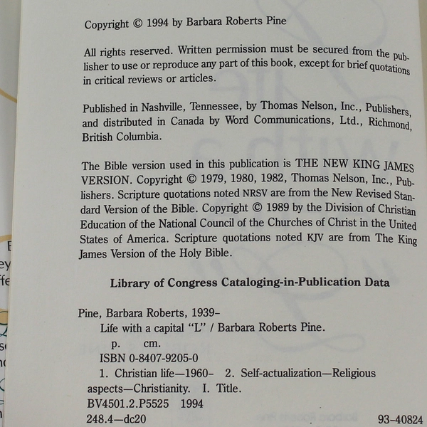 Life With A Capital L by Barbara Roberts Pine 1994 Hardcover Torn DJ