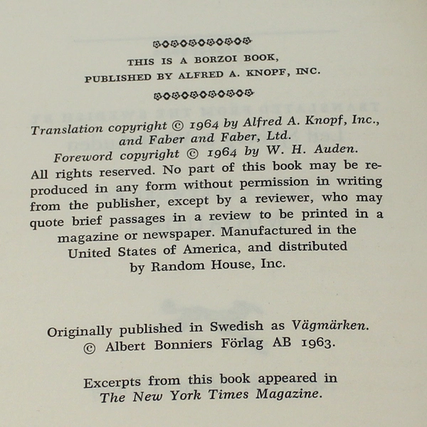 Markings by Dag Hammarskjold 1964 Borzoi Hardcover Book - Good Condition
