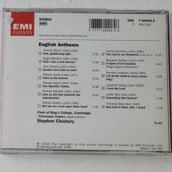 British Composers English Anthems CD - Choir of King's College, 1993 EMI