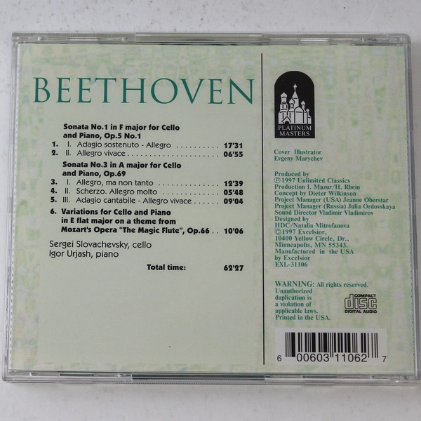 Beethoven Works for Cello and Piano CD 1997 Unlimited Classics - Good Condition