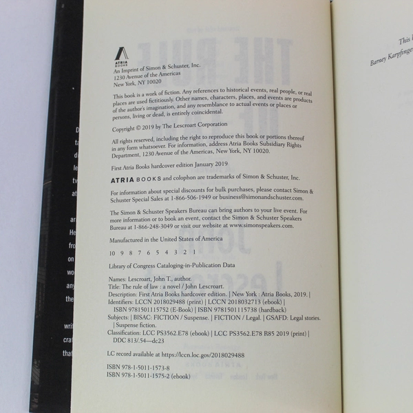 The Rule of Law by John Lescroart Hardcover DJ Atria Books 2019 1st Ed