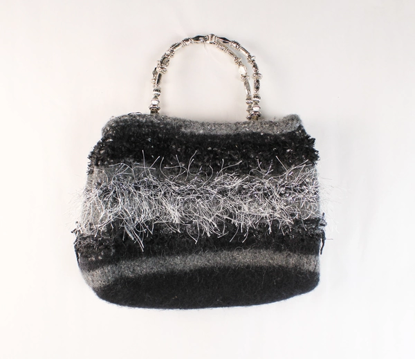 Homemade Knit Crochet Tote Bag with Metal Handles - Craft Storage - Unique!