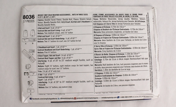 Simplicity 8036 Sewing Pattern Hats & Scarves Size S-L Uncut, Winter Accessories