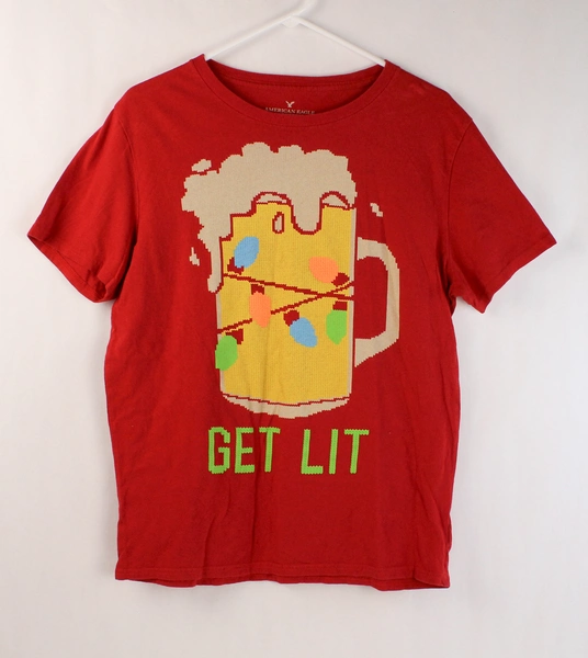 American Eagle Get Lit Christmas Beer Tee Shirt Men’s M Red Holiday Fun