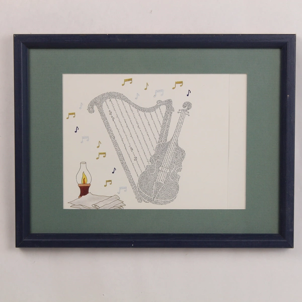 Framed Art Print of Harp and Cello Made of Words Notes Print Green Blue