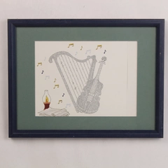 Framed Art Print of Harp and Cello Made of Words Notes Print Green Blue