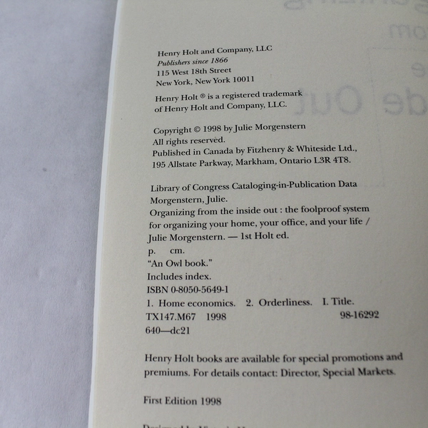 Organizing Your Life From The Inside Out by Julie Morgenstern 1st Ed. 1998