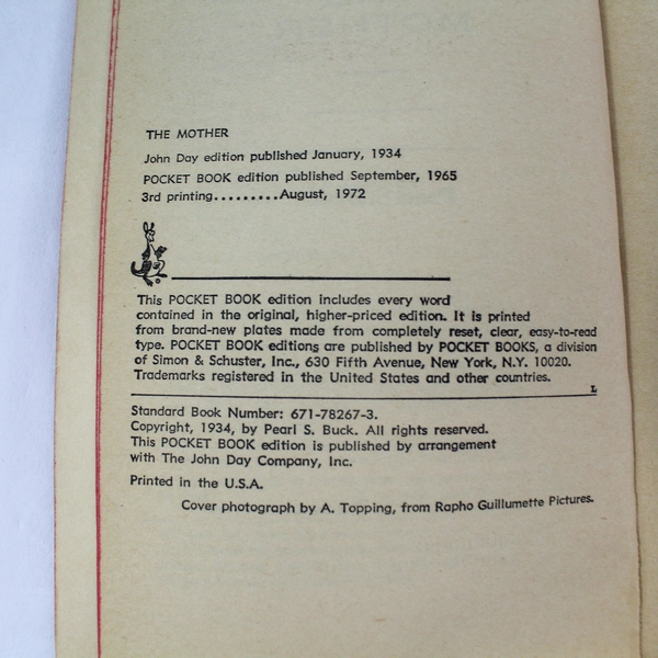 Pearl S. Buck "The Mother" 1972 Pocket Edition Pre-owned, Vintage Wear