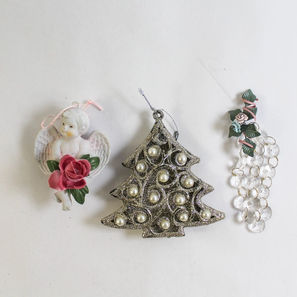 Lot of 3 Cherub & Tree Christmas Ornaments - Beaded Floral Dangles