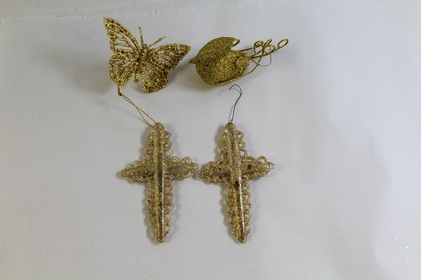 Lot of 4 Gold Glitter Christmas Ornaments: 2 Crosses, Bird & Butterfly