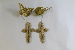 Lot of 4 Gold Glitter Christmas Ornaments: 2 Crosses, Bird & Butterfly