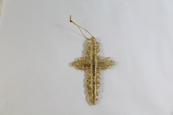 Lot of 4 Gold Glitter Christmas Ornaments: 2 Crosses, Bird & Butterfly