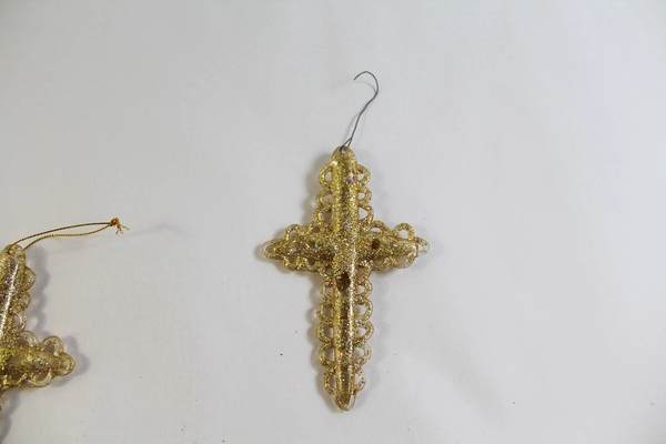 Lot of 4 Gold Glitter Christmas Ornaments: 2 Crosses, Bird & Butterfly