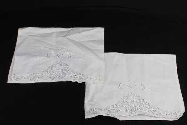 Lot of 2 Vintage White Floral Needle Lace Tea Towels 31x21" with Character