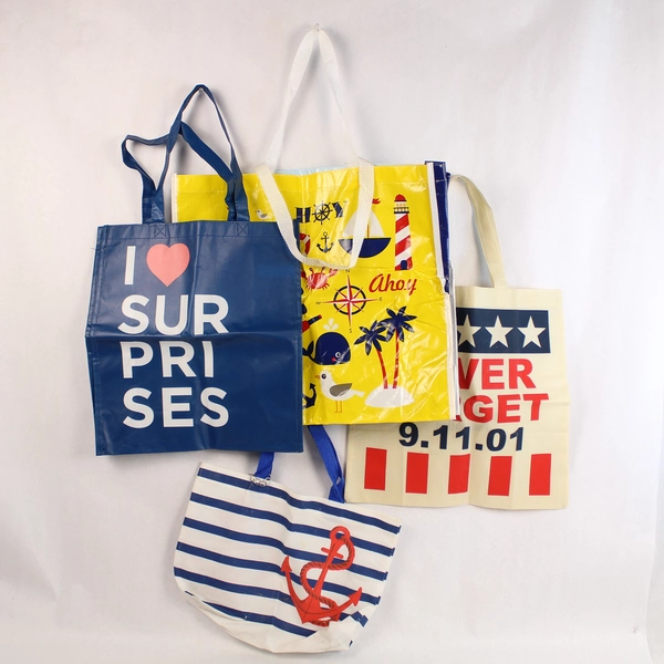 Lot of 4 Nautical Reusable Shopping Bags Red White Blue Pre-Owned
