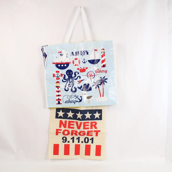 Lot of 4 Nautical Reusable Shopping Bags Red White Blue Pre-Owned