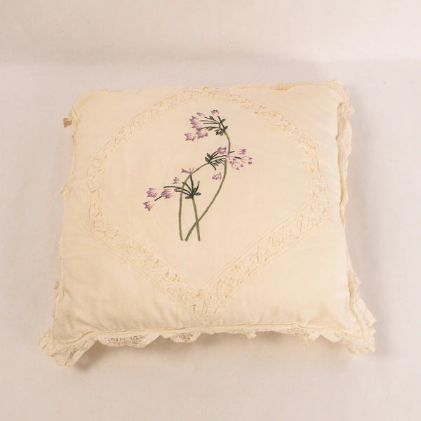 Vintage Daniel Cleary White Laced Pillow Square Embroidered Purple Flower Design