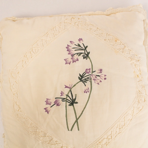 Vintage Daniel Cleary White Laced Pillow Square Embroidered Purple Flower Design
