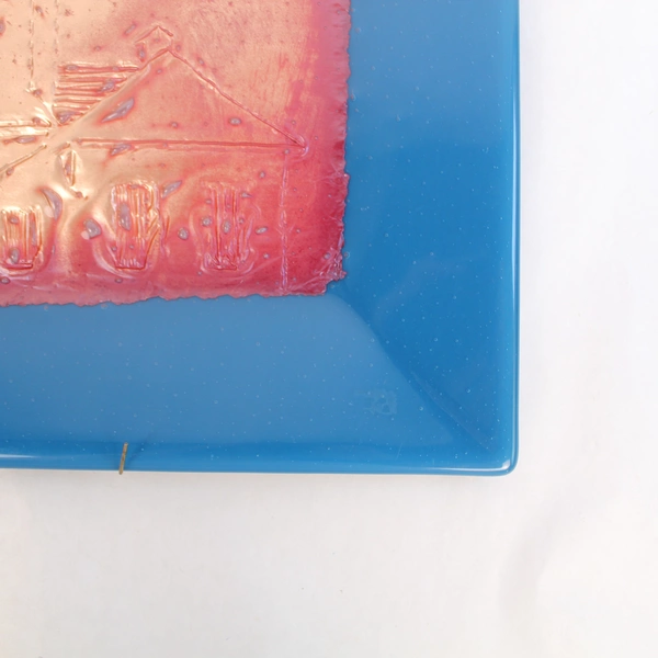 Decorative Fused Glass Plate Blue Border Square 13.5 x 13.5 Wall Decor 
