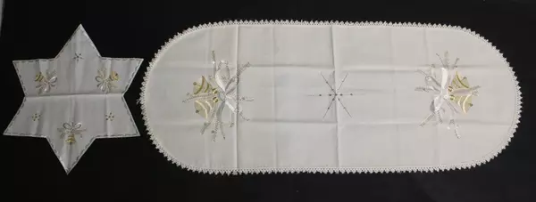 Beige Woven Linen Table Runner & Star Doily Set with Gold Embroidery