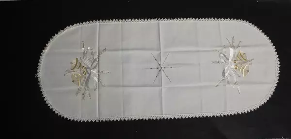 Beige Woven Linen Table Runner & Star Doily Set with Gold Embroidery