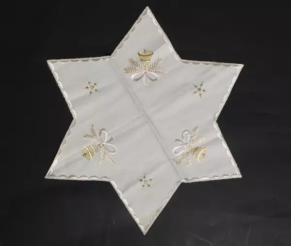 Beige Woven Linen Table Runner & Star Doily Set with Gold Embroidery
