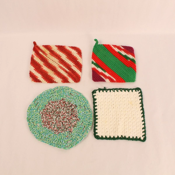 Lot of 4 Vintage Handmade Crocheted Hot Pads Pot Holders - Stained Decor