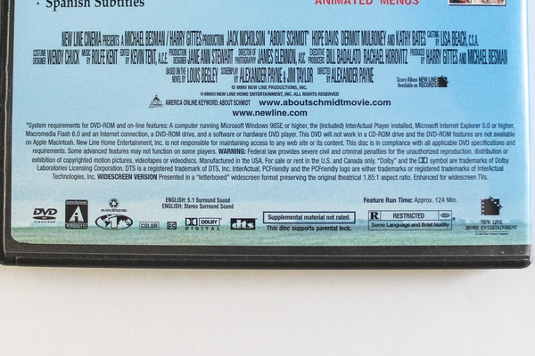 About Schmidt DVD Jack Nicholson Special Features Untested Pre-Owned 2002