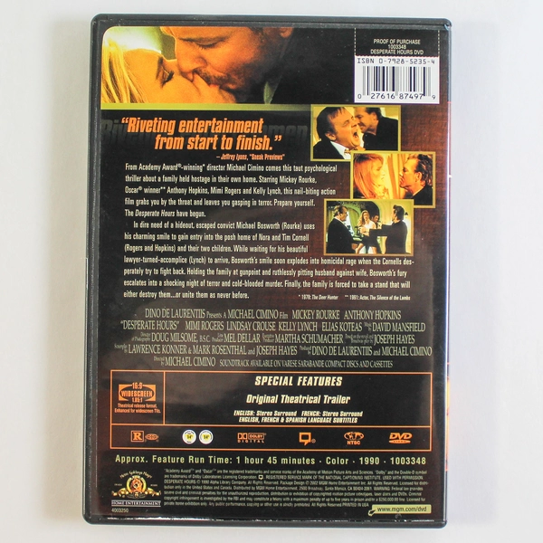 Desperate Hours DVD Mickey Rourke Anthony Hopkins Rated R Good Condition
