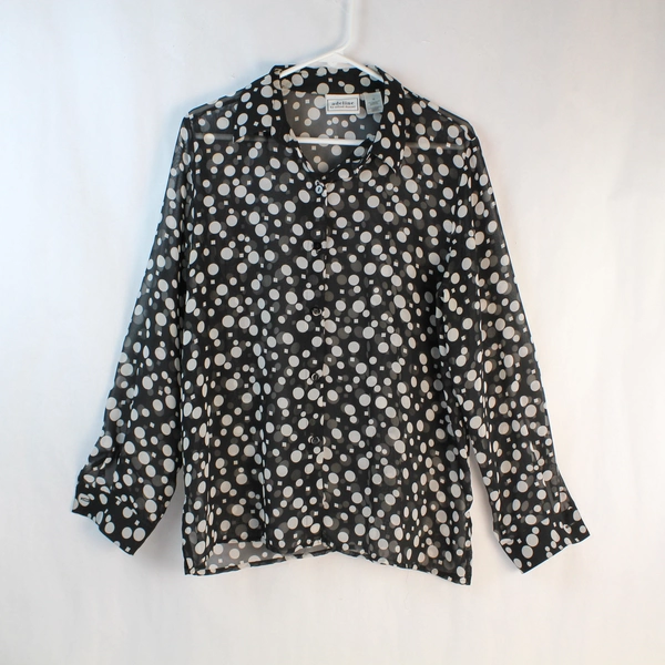 Alfred Dunner Adeline Blouse Women's Size 12 Black White Sheer Polka Dots Top