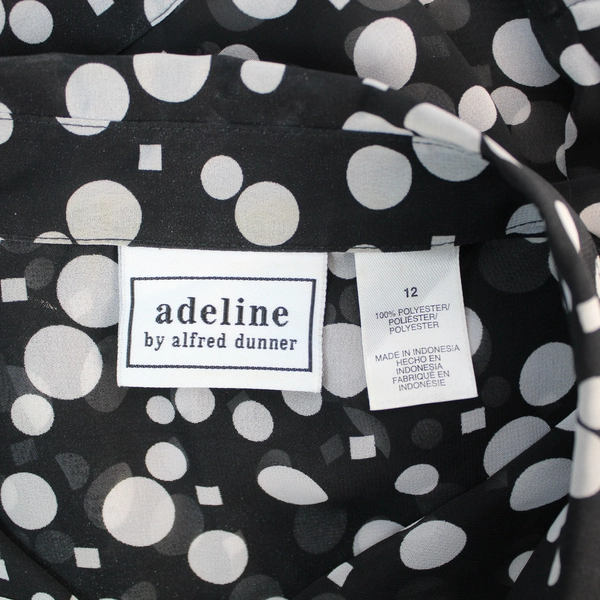 Alfred Dunner Adeline Blouse Women's Size 12 Black White Sheer Polka Dots Top