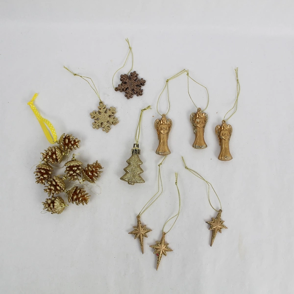Lot of 15 Golden Christmas Ornaments - Angels, Stars, Snowflakes & Pine Cones