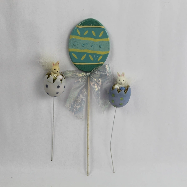 Lot of 3 Pre-Owned Easter Egg Floral Picks with Rabbit Decor - Whimsical Decor