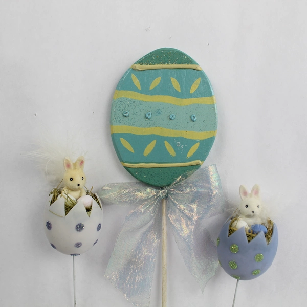 Lot of 3 Pre-Owned Easter Egg Floral Picks with Rabbit Decor - Whimsical Decor