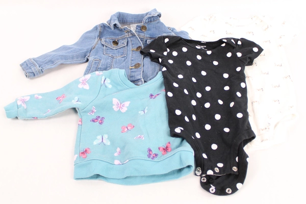 Lot of 4 Baby Infant Girl's Clothes 2 One Pieces Denim Jacket Pullover Sweater