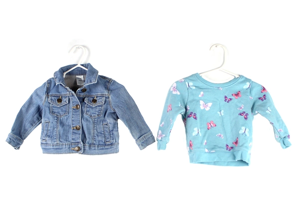 Lot of 4 Baby Infant Girl's Clothes 2 One Pieces Denim Jacket Pullover Sweater
